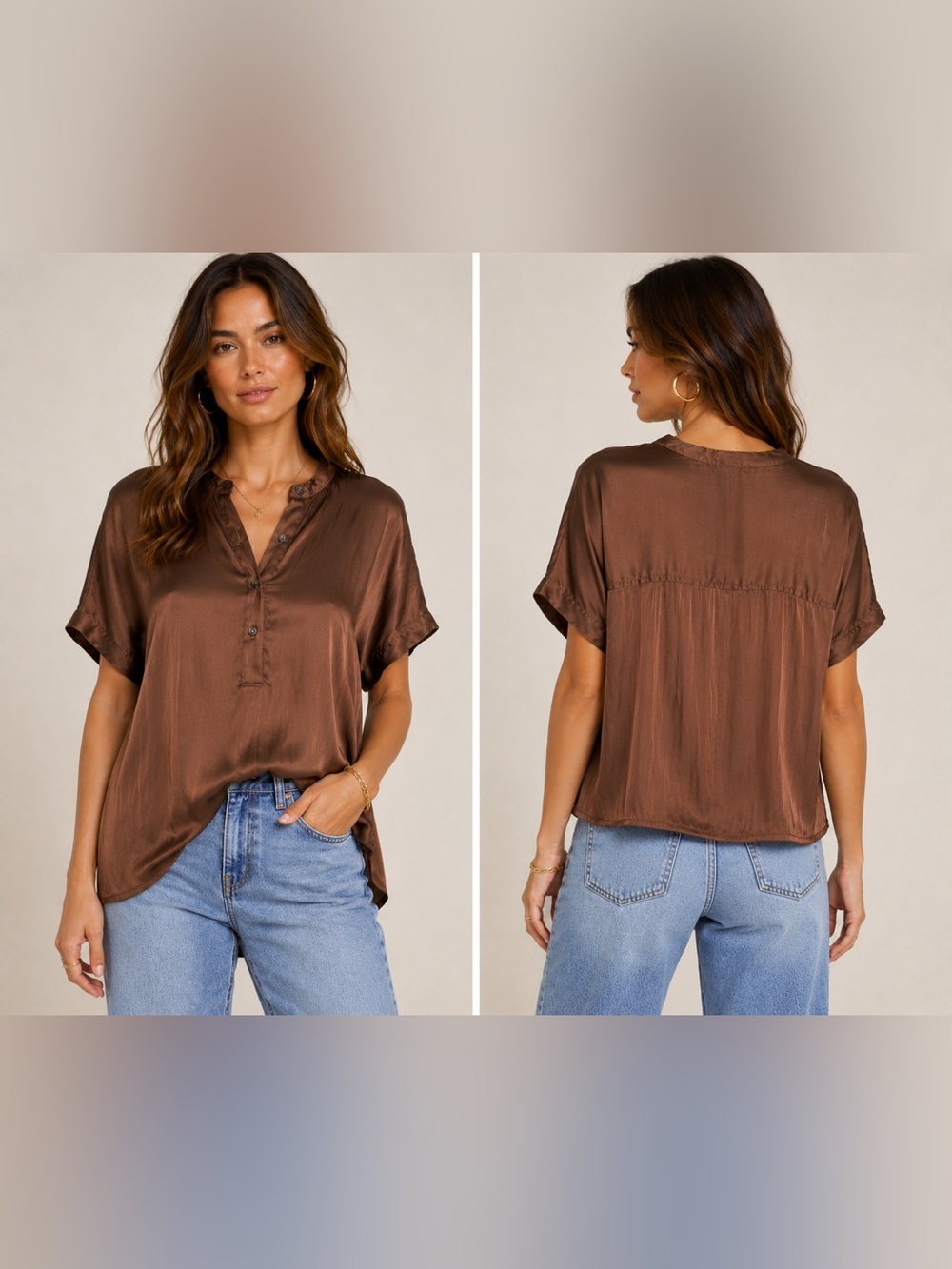 Old Navy Brown Satin Short Sleeve Dolman Blouse M Medium